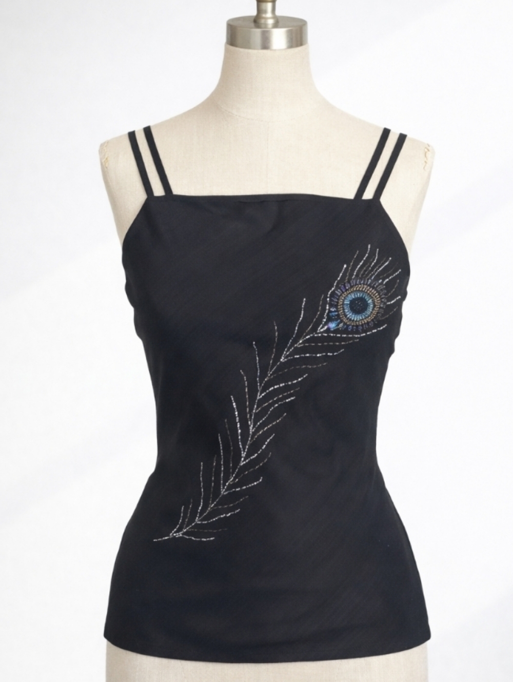 Vintage Luxe Beaded Black Silk Camisole – Peacock Feather Artistry